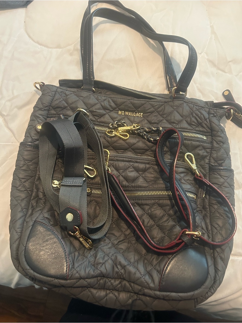 MZ Wallace Quilted Gray Tote with Gold Hardware